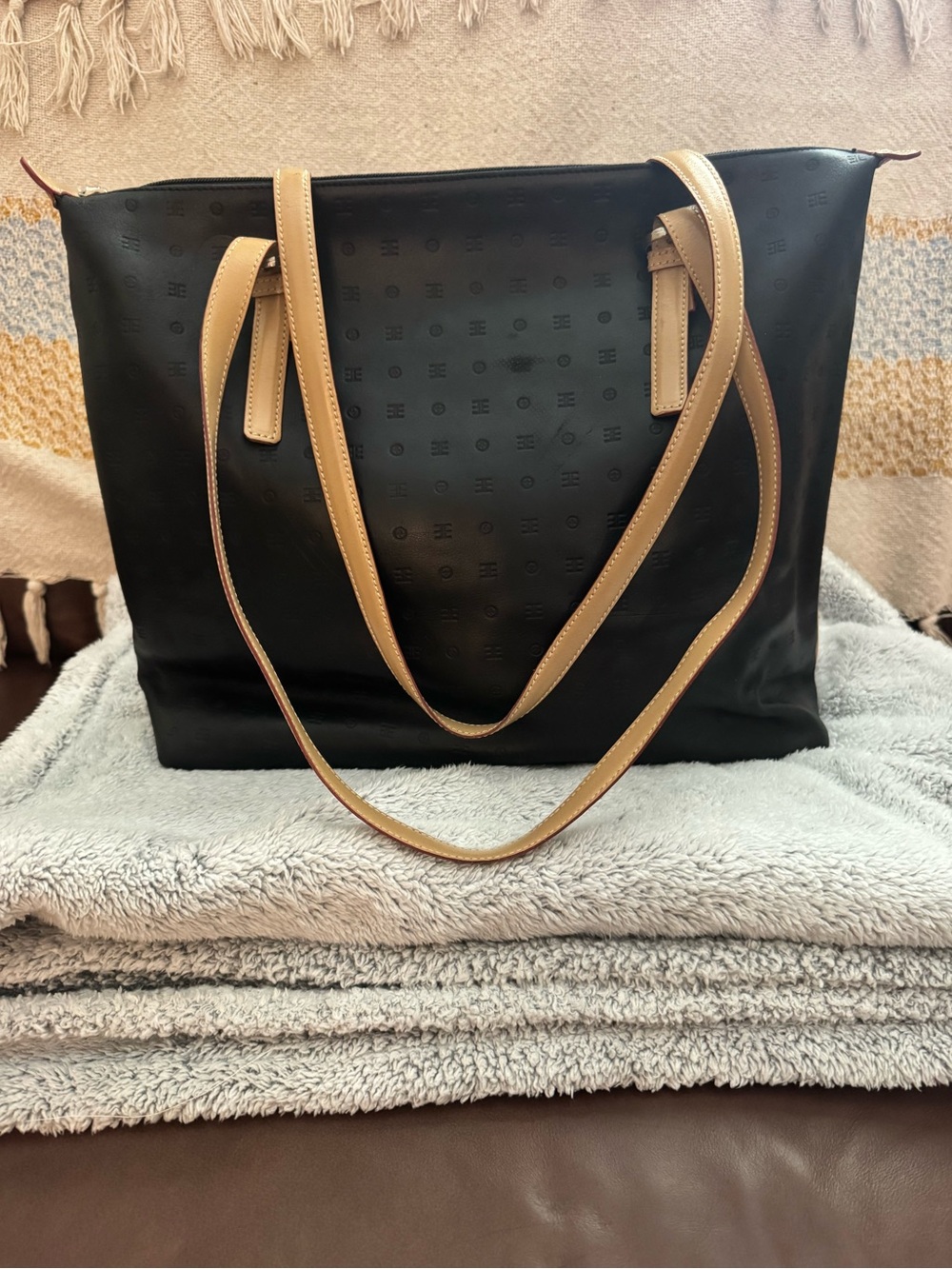 Arcadia Black Tote with Tan Shoulder Straps